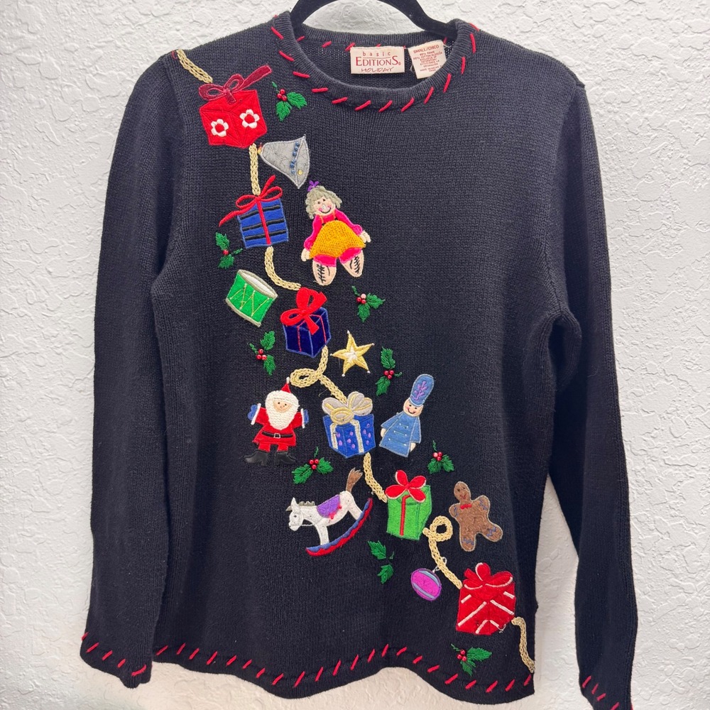 Basic Editions Holiday Women Small Black Embroidered Christmas Sweater‎ Santa
